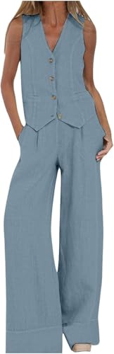 UPOI Hosenanzug Damen 2 Teiler Sommer Festlich Elegant Leinen Anzug Zweiteiler Sportlich Outfit Set Ärmellos Blazer V-Ausschnitt Weste und Hosen Hohe Taille Business Streetwear Frauen Freizeitanzug von UPOI