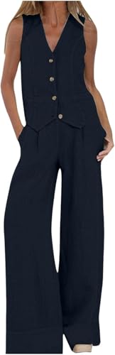 UPOI Hosenanzug Damen 2 Teiler Sommer Festlich Elegant Leinen Anzug Zweiteiler Sportlich Outfit Set Ärmellos Blazer V-Ausschnitt Weste und Hosen Hohe Taille Business Streetwear Frauen Freizeitanzug von UPOI