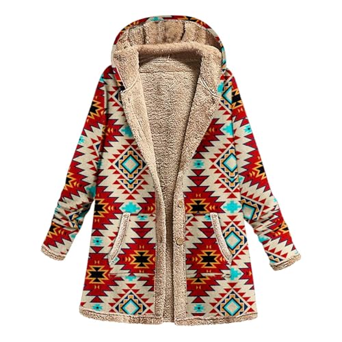 UPOI Jacke Damen Boho Bunt Mantel Warm Winterjacke Lang Bunt Hippie Blumendruck Übergangsjacke Vintage Jacke Winter Outwear Parka Kapuzenjacke Oversized Outdoorjacke Langarm Plüschjacke von UPOI