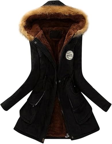 UPOI Jacke Damen Winterjacke Lang Mantel Frauen Wintermantel Warme Winter Softshelljacke mit Kapuze Casual Parka Übergangsjacke Windbreaker Einfarbig Steppjacke Fleecejacke Outdoorjacke von UPOI