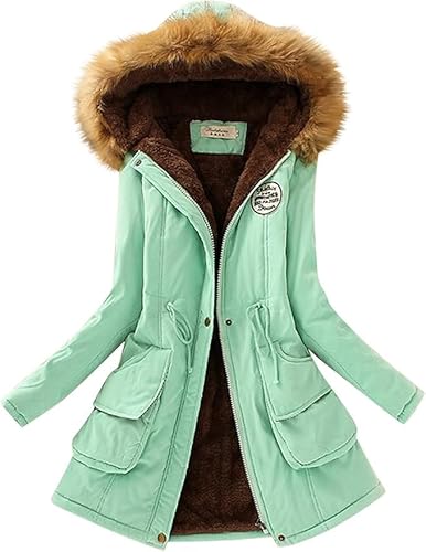 UPOI Jacke Damen Winterjacke Lang Mantel Frauen Wintermantel Warme Winter Softshelljacke mit Kapuze Casual Parka Übergangsjacke Windbreaker Einfarbig Steppjacke Fleecejacke Outdoorjacke von UPOI