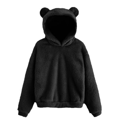 UPOI Kapuzenpullover Damen Hoodie mit Ohren Teddyfleece Pullover Flauschig Warm Kapuze Frauen Einfarbig Plüschpullover Sweatshirt Herbst Winter Pulli Tops von UPOI