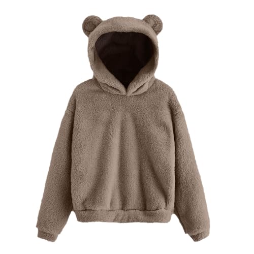 UPOI Kapuzenpullover Damen Hoodie mit Ohren Teddyfleece Pullover Flauschig Warm Kapuze Frauen Einfarbig Plüschpullover Sweatshirt Herbst Winter Pulli Tops von UPOI