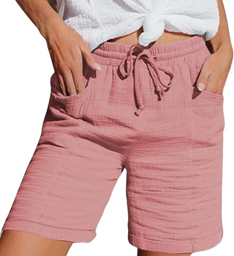 UPOI Kurze Hose Damen Shorts Sommer Musselin Leinenhose Baggy Beach Shorts Mit Taschen Elastische Taille Stretchy Gerades Bein Bermuda Hosen Short LäSsige Freizeit Stoffhose Mit Kordelzug Jogginghose von UPOI