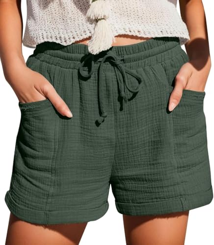 UPOI Kurze Hose Damen Shorts Sommer Musselin Leinenhose Baggy Beach Shorts Mit Taschen Elastische Taille Stretchy Gerades Bein Bermuda Hosen Short LäSsige Freizeit Stoffhose Mit Kordelzug Jogginghose von UPOI