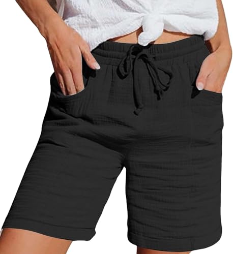 UPOI Kurze Hose Damen Shorts Sommer Musselin Leinenhose Baggy Beach Shorts Mit Taschen Elastische Taille Stretchy Gerades Bein Bermuda Hosen Short LäSsige Freizeit Stoffhose Mit Kordelzug Jogginghose von UPOI