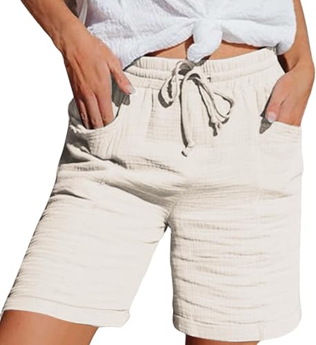 UPOI Kurze Hose Damen Shorts Sommer Musselin Leinenhose Baggy Beach Shorts Mit Taschen Elastische Taille Stretchy Gerades Bein Bermuda Hosen Short LäSsige Freizeit Stoffhose Mit Kordelzug Jogginghose von UPOI