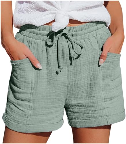 UPOI Kurze Hose Damen Shorts Sommer Musselin Leinenhose Baggy Beach Shorts Mit Taschen Elastische Taille Stretchy Gerades Bein Bermuda Hosen Short LäSsige Freizeit Stoffhose Mit Kordelzug Jogginghose von UPOI