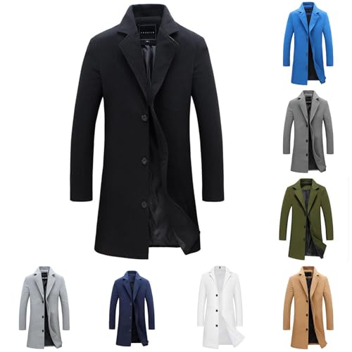 UPOI Mantel Herren Lang Wintermantel Casual Trenchcoat Einfarbig Wollmantel mit Knöpfen Langarm Winterjacke Große Größen Jacke Freizeit Windbreaker Revers Übergangsjacke Slim Fit Wolljacke von UPOI