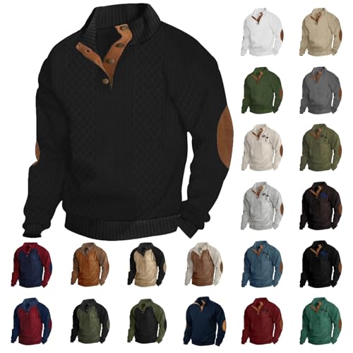 UPOI Men's Sweatshirt Without Hood Pullover Plain Patchwork Print Long Sleeve Cord Polo Shirt Stand-Up Collar Button Classic Jumper Top von UPOI