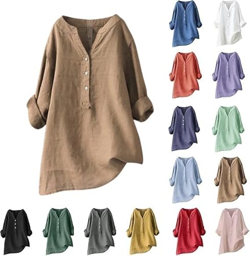 UPOI Musselin Bluse Damen,2025 Leinenbluse Damen Sommer Longshirt Elegant Tops Große Größen Tunika Langarm Longbluse Lässig Für Leggings Blusenshirt von UPOI