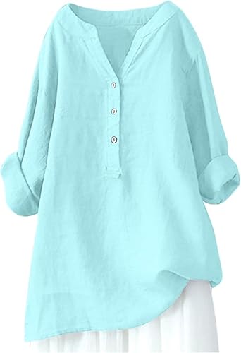 UPOI Musselin Bluse Damen,2025 Leinenbluse Damen Sommer Longshirt Elegant Tops Große Größen Tunika Langarm Longbluse Lässig Für Leggings Blusenshirt von UPOI