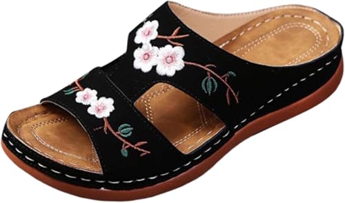 UPOI Orthopädische Pantoletten Damen 2025 Sommer Latschen Schlappen Orthofit Slipper Sandalen Offene Schuhe Hausschuhe Freizeit Strandschuhe Bequeme Vintage Blumenstickerei Sandal von UPOI