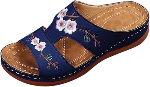 UPOI Orthopädische Pantoletten Damen 2025 Sommer Latschen Schlappen Orthofit Slipper Sandalen Offene Schuhe Hausschuhe Freizeit Strandschuhe Bequeme Vintage Blumenstickerei Sandal von UPOI