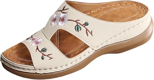 UPOI Orthopädische Pantoletten Damen 2025 Sommer Latschen Schlappen Orthofit Slipper Sandalen Offene Schuhe Hausschuhe Freizeit Strandschuhe Bequeme Vintage Blumenstickerei Sandal von UPOI
