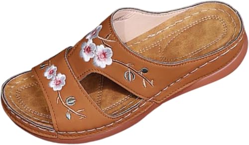 UPOI Orthopädische Pantoletten Damen 2025 Sommer Latschen Schlappen Orthofit Slipper Sandalen Offene Schuhe Hausschuhe Freizeit Strandschuhe Bequeme Vintage Blumenstickerei Sandal von UPOI