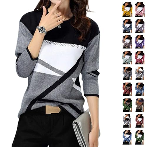 UPOI Pullover Damen Sport Langarm Sweatshirt Basic Rundhals Langarmshirt ohne Kapuze geometrischem Druck Longshirt Lose Casual Oberteil Herbst Winter Baumwolle Pulli Teenager Mädchen Sportshirt von UPOI