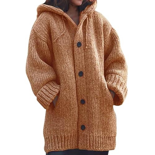 UPOI Strickjacke Damen Grobstrick Cardigan Mit Kapuze Knöpfen Wintermantel Warm Gefüttert Winter Pullover Leichte Outdoorjacke Lange Kapuzenjacke Sweatshirt Oberteil Strickpullover von UPOI