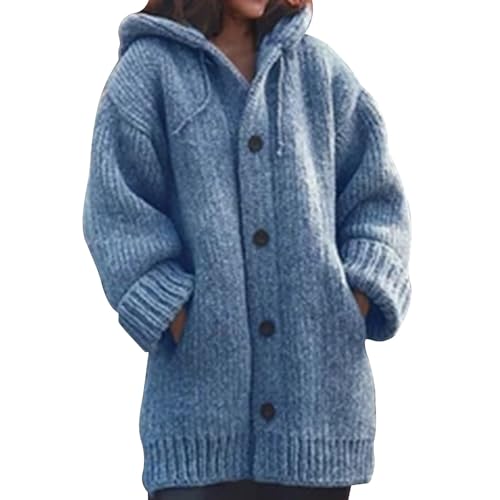UPOI Strickjacke Damen Grobstrick Cardigan Mit Kapuze Knöpfen Wintermantel Warm Gefüttert Winter Pullover Leichte Outdoorjacke Lange Kapuzenjacke Sweatshirt Oberteil Strickpullover von UPOI