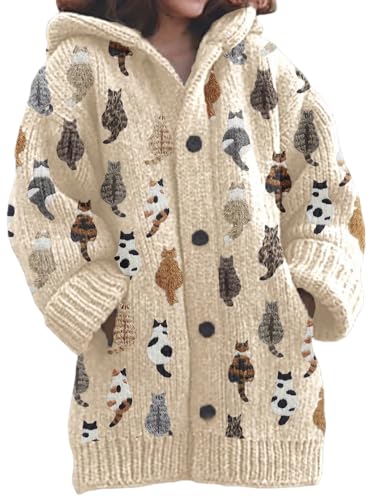 UPOI Strickjacke Damen Grobstrick Cardigan Mit Kapuze Knöpfen Wintermantel Warm Gefüttert Winter Pullover Leichte Outdoorjacke Lange Kapuzenjacke Sweatshirt Oberteil Strickpullover von UPOI