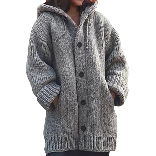 UPOI Strickjacke Damen Grobstrick Cardigan Mit Kapuze Knöpfen Wintermantel Warm Gefüttert Winter Pullover Leichte Outdoorjacke Lange Kapuzenjacke Sweatshirt Oberteil Strickpullover von UPOI