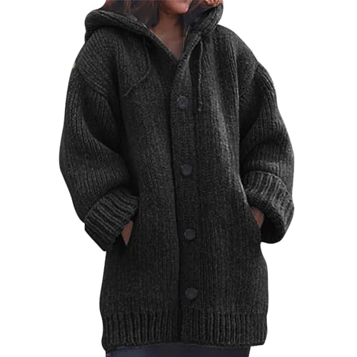 UPOI Strickjacke Damen Grobstrick Cardigan Mit Kapuze Knöpfen Wintermantel Warm Gefüttert Winter Pullover Leichte Outdoorjacke Lange Kapuzenjacke Sweatshirt Oberteil Strickpullover von UPOI