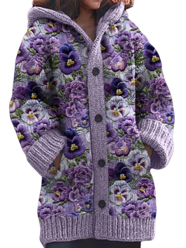 UPOI Strickjacke Damen Grobstrick Cardigan Mit Kapuze Knöpfen Wintermantel Warm Gefüttert Winter Pullover Leichte Outdoorjacke Lange Kapuzenjacke Sweatshirt Oberteil Strickpullover von UPOI