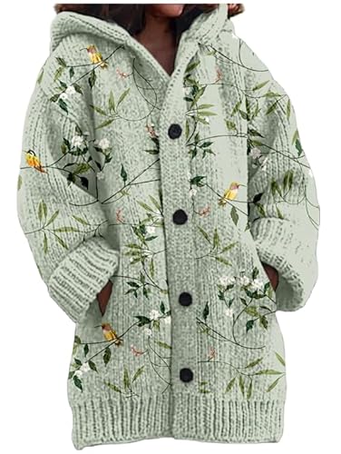 UPOI Strickjacke Damen Grobstrick Cardigan Mit Kapuze Knöpfen Wintermantel Warm Gefüttert Winter Pullover Leichte Outdoorjacke Lange Kapuzenjacke Sweatshirt Oberteil Strickpullover von UPOI