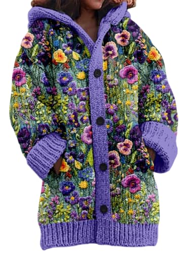 UPOI Strickjacke Damen Grobstrick Cardigan Mit Kapuze Knöpfen Wintermantel Warm Gefüttert Winter Pullover Leichte Outdoorjacke Lange Kapuzenjacke Sweatshirt Oberteil Strickpullover von UPOI
