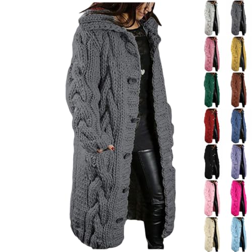 UPOI Strickjacke Damen Langarm Open Front Cardigan Grobstrick Winterjacke Warm Lockere Übergangsjacke mit Kapuze Strickmantel Herbst Winter Einfarbige Mantel Jacke Outwear von UPOI