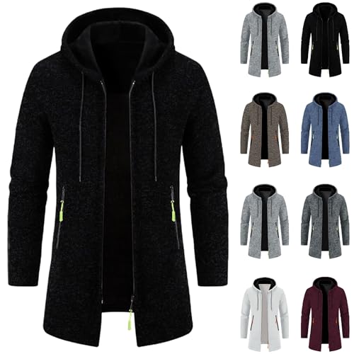 UPOI Strickjacke Herren Lang Cardigan Mit Kapuze Reißverschluss Trachtenjacke Gestrickt Winterjacke Wintermantel Fleecejacke Männer Sweatjacke Casual Kapuzenjacke von UPOI