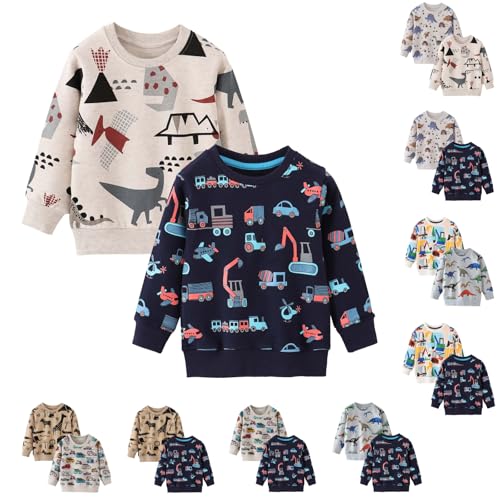 UPOI Sweatshirts Jungen 2er Pack Pullover Langarm Baumwolle Dinosaurier Bagger Traktor Shirts Kinder Warme Langarmshirt Activewear Tops Herbst Winter Oberteile T-Shirt 1-7 Jahre von UPOI