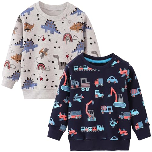 UPOI Sweatshirts Jungen 2er Pack Pullover Langarm Baumwolle Dinosaurier Bagger Traktor Shirts Kinder Warme Langarmshirt Activewear Tops Herbst Winter Oberteile T-Shirt 1-7 Jahre von UPOI