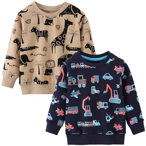 UPOI Sweatshirts Jungen 2er Pack Pullover Langarm Baumwolle Dinosaurier Bagger Traktor Shirts Kinder Warme Langarmshirt Activewear Tops Herbst Winter Oberteile T-Shirt 1-7 Jahre von UPOI