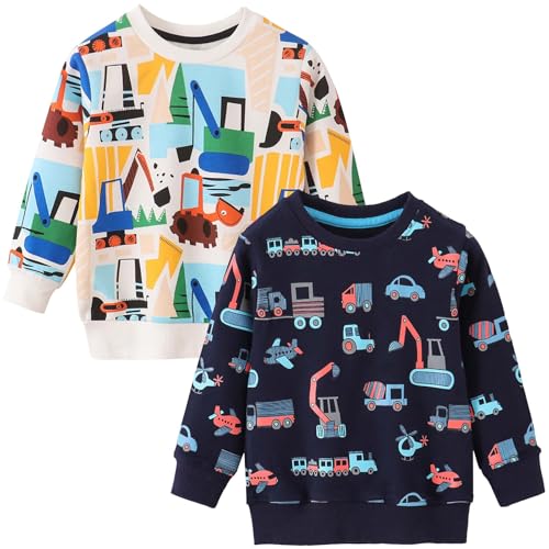 UPOI Sweatshirts Jungen 2er Pack Pullover Langarm Baumwolle Dinosaurier Bagger Traktor Shirts Kinder Warme Langarmshirt Activewear Tops Herbst Winter Oberteile T-Shirt 1-7 Jahre von UPOI