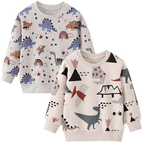 UPOI Sweatshirts Jungen 2er Pack Pullover Langarm Baumwolle Dinosaurier Bagger Traktor Shirts Kinder Warme Langarmshirt Activewear Tops Herbst Winter Oberteile T-Shirt 1-7 Jahre von UPOI
