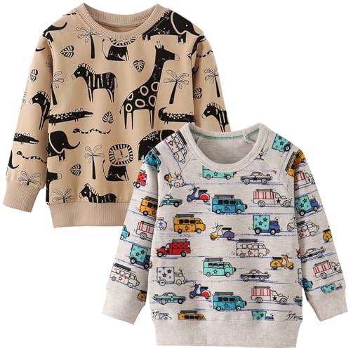 UPOI Sweatshirts Jungen 2er Pack Pullover Langarm Baumwolle Dinosaurier Bagger Traktor Shirts Kinder Warme Langarmshirt Activewear Tops Herbst Winter Oberteile T-Shirt 1-7 Jahre von UPOI