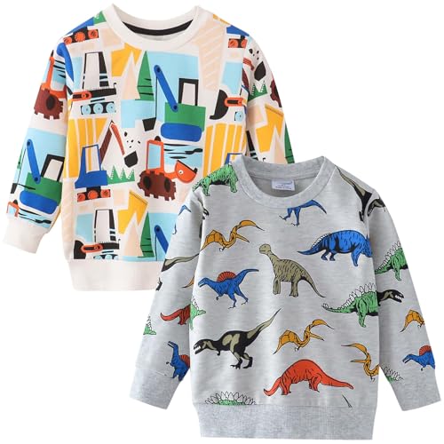 UPOI Sweatshirts Jungen 2er Pack Pullover Langarm Baumwolle Dinosaurier Bagger Traktor Shirts Kinder Warme Langarmshirt Activewear Tops Herbst Winter Oberteile T-Shirt 1-7 Jahre von UPOI