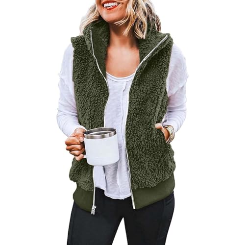 UPOI Teddy Fleece Weste Damen Warme Ärmellose Weste für Herbst und Winter Teddyjacke Lässig und leicht Damenweste Herbstmantel mit Stehkragen von UPOI