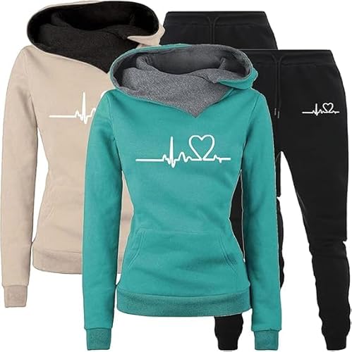 UPOI Trainingsanzüge Damen Zweiteiler Hausanzug 2er Pack Herz Druck Hoodie Sweatshirt Hose Jogginganzug Langarmes Lounge Set Freizeitanzug Casual Gym Sport Outfit Tracksuit mit Hose Kapuzenpullover von UPOI