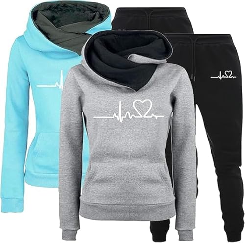 UPOI Trainingsanzüge Damen Zweiteiler Hausanzug 2er Pack Herz Druck Hoodie Sweatshirt Hose Jogginganzug Langarmes Lounge Set Freizeitanzug Casual Gym Sport Outfit Tracksuit mit Hose Kapuzenpullover von UPOI