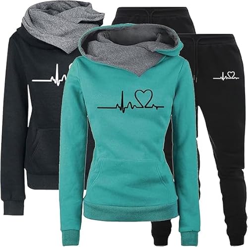 UPOI Trainingsanzüge Damen Zweiteiler Hausanzug 2er Pack Herz Druck Hoodie Sweatshirt Hose Jogginganzug Langarmes Lounge Set Freizeitanzug Casual Gym Sport Outfit Tracksuit mit Hose Kapuzenpullover von UPOI