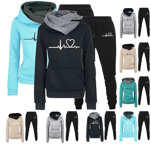 UPOI Trainingsanzüge Damen Zweiteiler Hausanzug 2er Pack Herz Druck Hoodie Sweatshirt Hose Jogginganzug Langarmes Lounge Set Freizeitanzug Casual Gym Sport Outfit Tracksuit mit Hose Kapuzenpullover von UPOI
