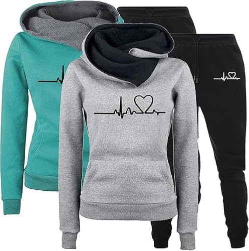 UPOI Trainingsanzüge Damen Zweiteiler Hausanzug 2er Pack Herz Druck Hoodie Sweatshirt Hose Jogginganzug Langarmes Lounge Set Freizeitanzug Casual Gym Sport Outfit Tracksuit mit Hose Kapuzenpullover von UPOI