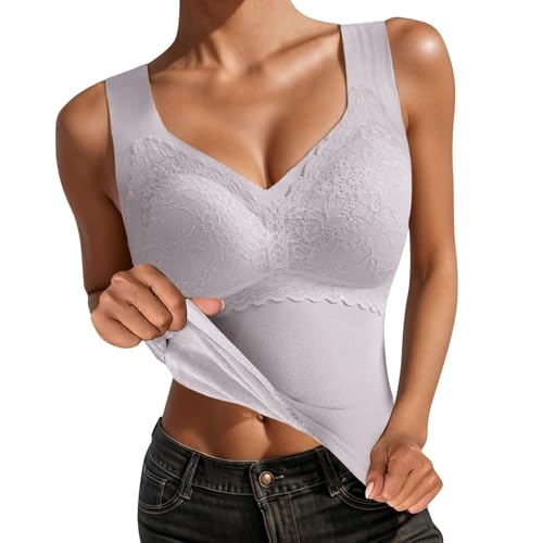 UPOI Unterhemd mit BH Damen Winter BH Hemd Ohne Bügel mit Cups V-Ausschnitt Thermo Unterhemden Ärmellos Gefütterte Seamless Tank Top Eingebauter BH Wärme und Warme Weste Halten Cami Shapewear von UPOI