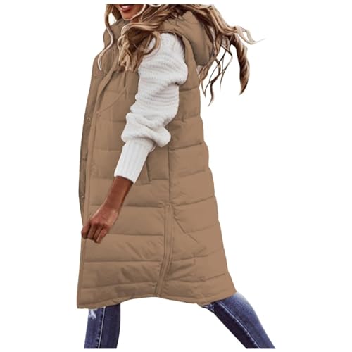 UPOI Weste Damen Lang Steppweste Winter Daunenweste Übergangsweste Winterjacke Longweste Winterweste Leichte Warm Gesteppt Casual Reißverschluss Pufferjacke mit Kapuze Outdoor Daunenmantel von UPOI