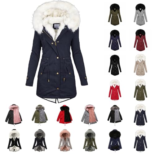 UPOI Wintermantel Damen Mittellang Winterjacke Warm Gefüttert Fleece Parka Mantel Mit Kapuze Kunstpelzkragen Jacke Frauen Winter Winterparka Verdickene Outdoor Übergangsjacke Mit Knöpfen Zipper von UPOI