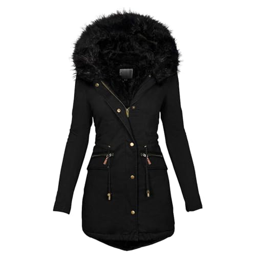 UPOI Wintermantel Damen Mittellang Winterjacke Warm Gefüttert Fleece Parka Mantel Mit Kapuze Kunstpelzkragen Jacke Frauen Winter Winterparka Verdickene Outdoor Übergangsjacke Mit Knöpfen Zipper von UPOI