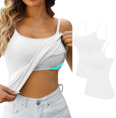 Unterhemden Damen Top Mit Integriertem BH Basic U-Ausschnitt Spaghetti Tanktops Frauen Sport Shirt mit Eingebauter Tanktop BH-Hemden mit Cups Ohne Bügel Spaghettiträger Trägershirt Sommer Trägertop von UPOI