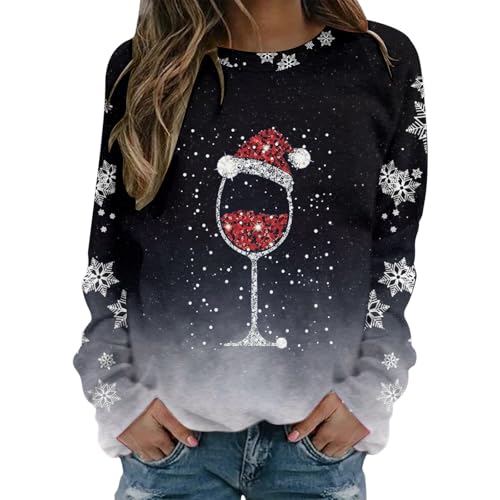 Weihnachtspullover Damen, Lustig Rotwein Glas Druck Sweatshirt, Elegant Weihnachten Rundhals Langarm Shirts Damen Weihnachts Pullover Christmas Sweat Oberteile Pulli Tops für Frauen von UPOI